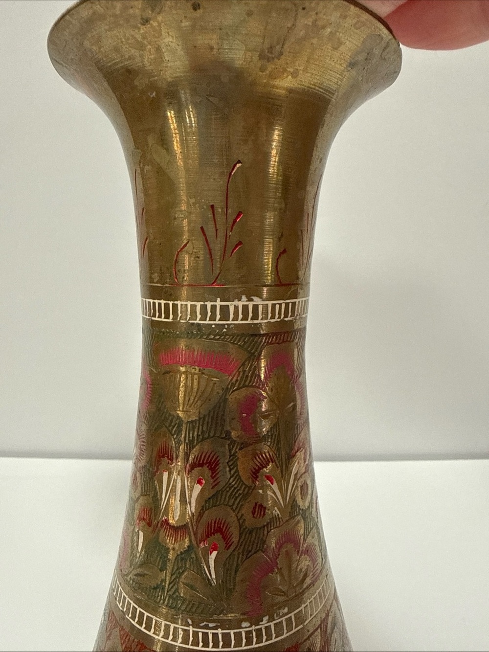 Solid Brass Decorative Vase with Red Accents hand etched from Saudi Arabia - Picture 6 of 11